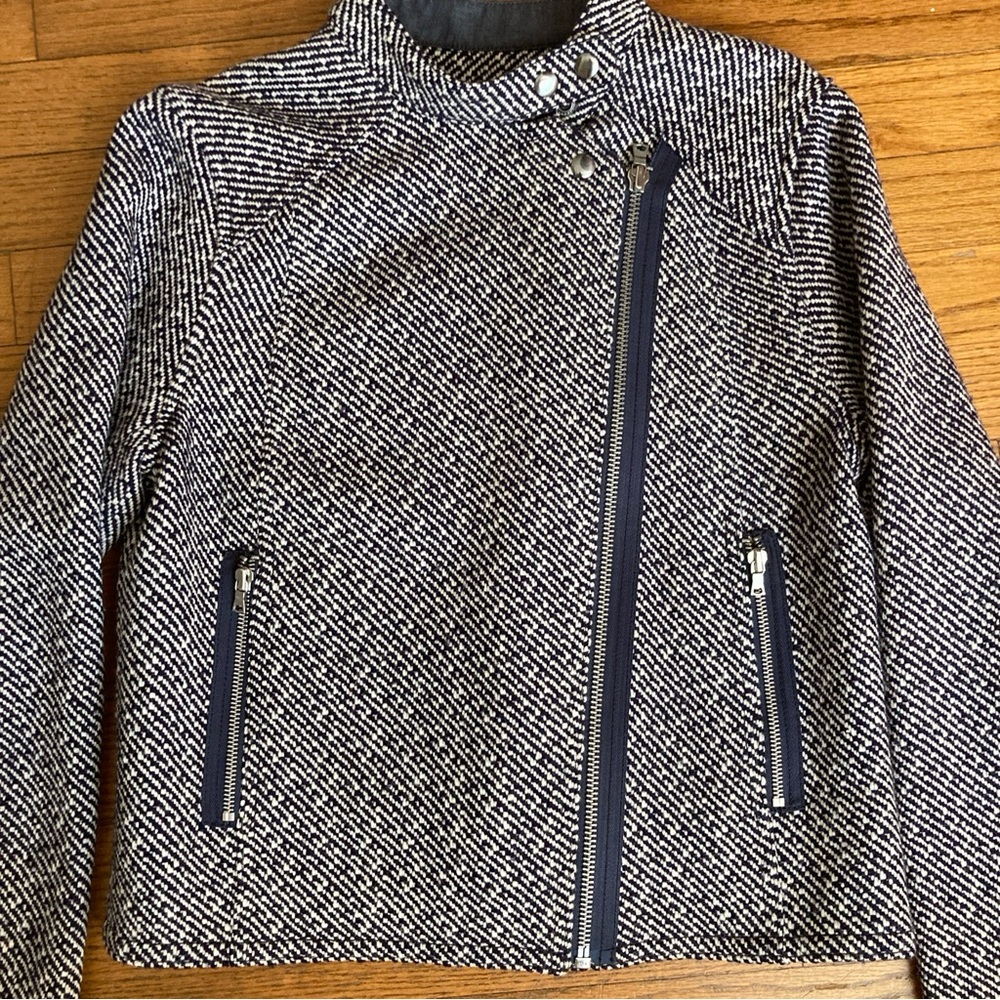 Gap Jacket Womens Medium Blue White Wool Tweed Moto Coat Zip Long Sleeve Pockets